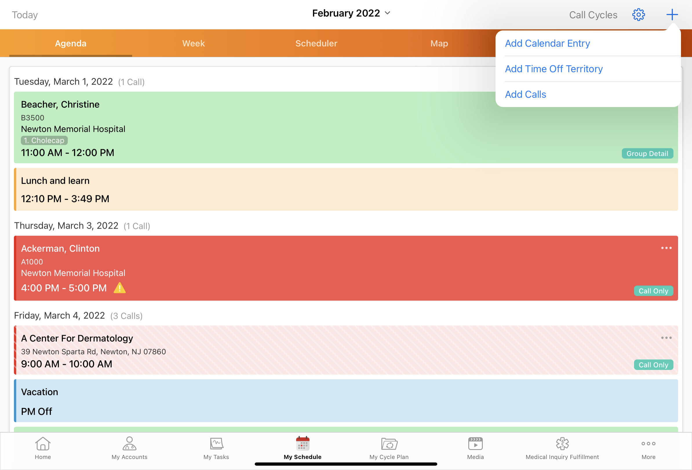 アジェンダビューまたは日ビューでコールをスケジューリング